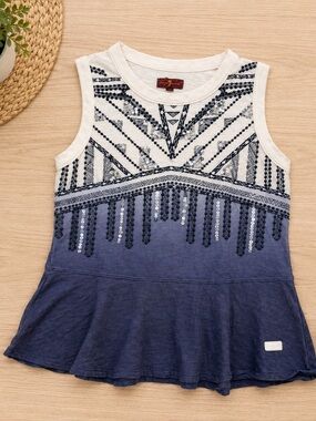 7 For All Mankind Girls Size M Sleeveless Embellished Peplum Top Blue Ombre